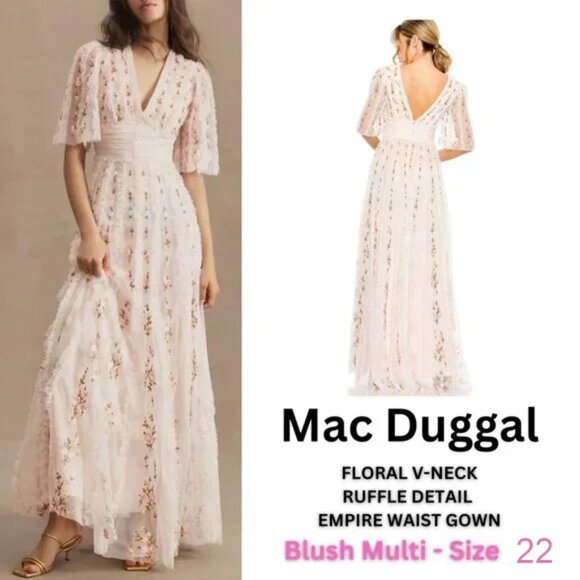 NWT Mac Duggal Floral V-Neck Ruffle Detail Empire Waist Gown Blush Multi Size 22 - Picture 1 of 3